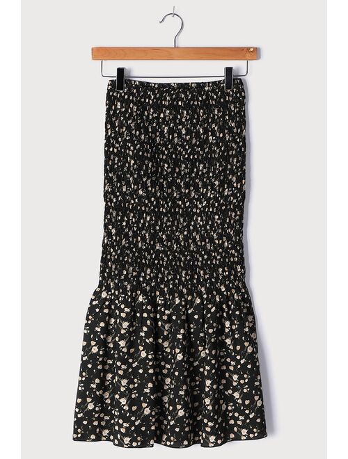 Lulus Major Crush Black Floral Print Smocked Midi Skirt