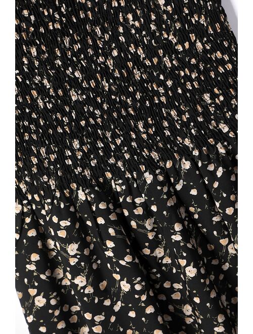 Lulus Major Crush Black Floral Print Smocked Midi Skirt