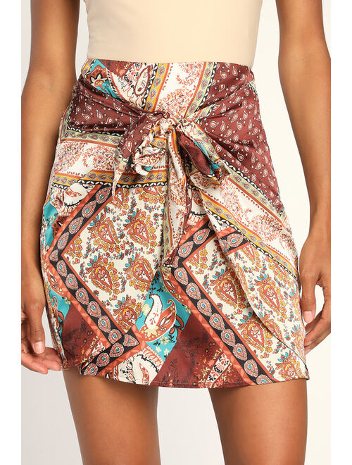 Lulus Boho Breezes Brown Multi Scarf Print Satin Tie-Front Mini Skirt
