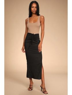 Casual Classic Black Cinched Drawstring Maxi Skirt