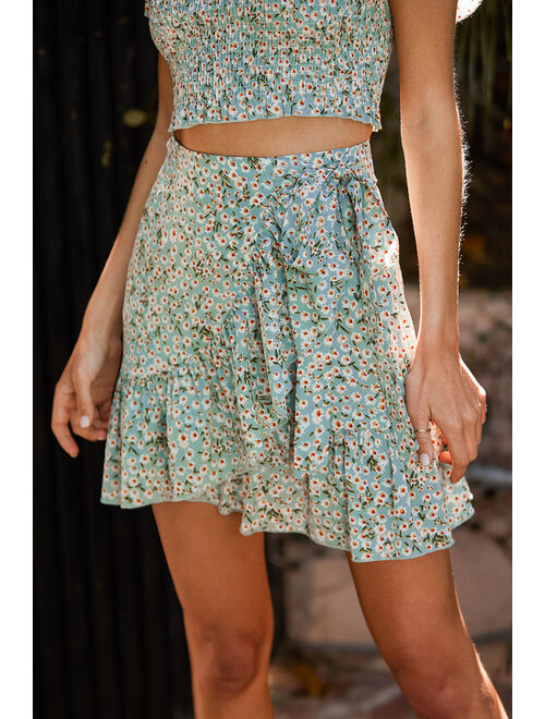 Lulus Flourishing Dreams Mint Green Floral Print Wrap Mini Skirt