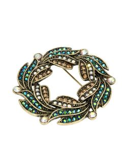 1928 Antiqued Gold Tone Multicolor Simulated Crystal Wreath Brooch