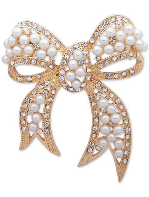 Anne Klein Gold-Tone Pave & Imitation Pearl Bow Pin, Created for Macy's