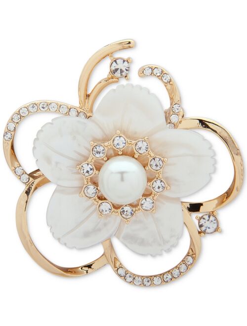 Anne Klein Gold-Tone Imitation Pearl, Mother-of-Pearl & Crystal Flower Pin, Created for Macy's