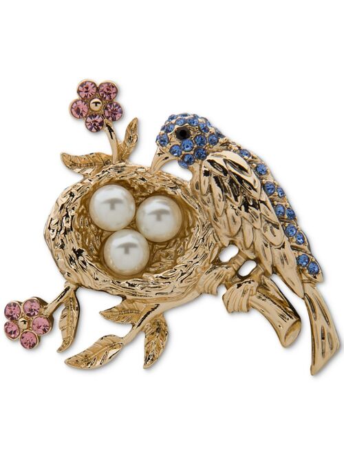 Anne Klein Gold-Tone Crystal & Imitation Pearl Bird Nest Pin