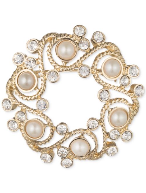 Anne Klein Gold-Tone Imitation Pearl and Crystal Wreath Pin, Created for Macy's