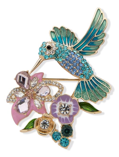 Anne Klein Gold-Tone Crystal Hummingbird & Flower Pin