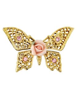 2028 Gold-Tone Pink Crystal and Porcelain Rose Butterfly Brooch