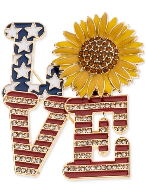 Charter Club Holiday Lane Gold-Tone Pave Crystal Sunflower Flag Love Pin, Created for Macy's