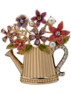 Gold-Tone Crystal & Imitation Pearl Flower Watering Can Pin