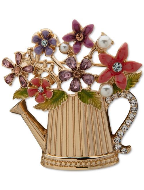 Anne Klein Gold-Tone Crystal & Imitation Pearl Flower Watering Can Pin