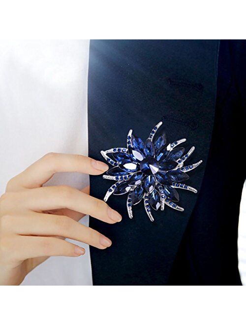 Merdia Flower Brooches Pin for Women Brides Created Crystal Brooch Blue