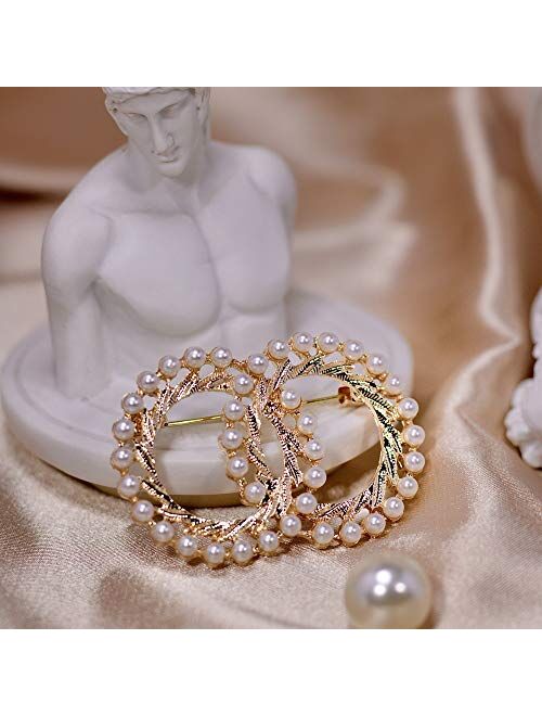 ROFARSO Round Brooch Pin for Women Girl Faux Pearl Lapel Pin for Wedding Party Ball