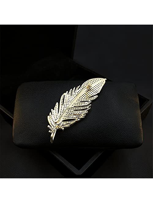 Dtja Gold Rhinestone Feather Brooch Pin for Women Men Fashion Crystal Delicate Leaf Brooch Lapel Pins Elegant Dress Accessories Jewelry Boutonniere Corsage for Hat Bag Su