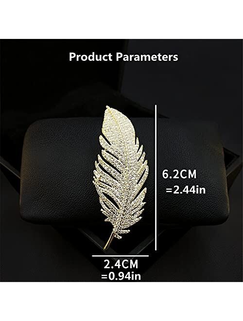 Dtja Gold Rhinestone Feather Brooch Pin for Women Men Fashion Crystal Delicate Leaf Brooch Lapel Pins Elegant Dress Accessories Jewelry Boutonniere Corsage for Hat Bag Su