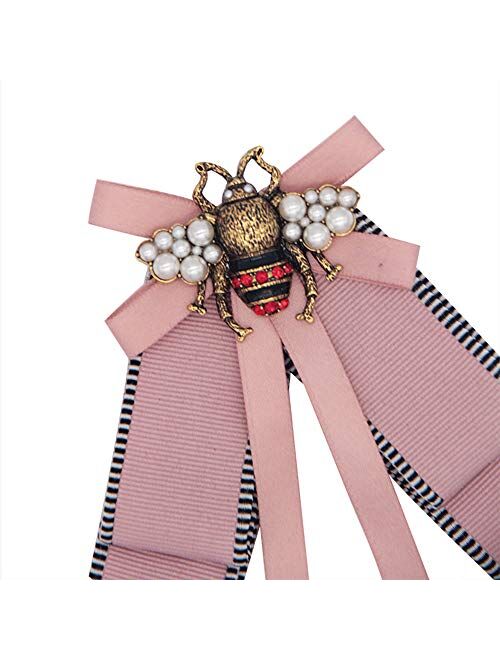 Retzjorv Vpang Retro Pearl Bee Bow Brooch Pre-Tied Neck Tie Brooch Pin Satin Ribbon Bow Tie for Women Wedding Party Bow Tie