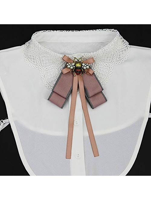 Retzjorv Vpang Retro Pearl Bee Bow Brooch Pre-Tied Neck Tie Brooch Pin Satin Ribbon Bow Tie for Women Wedding Party Bow Tie