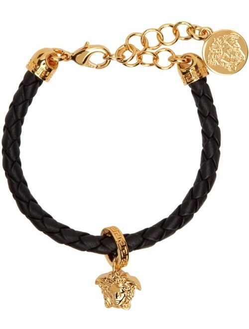 VERSACE Black & Gold Leather Braided Charm Bracelet