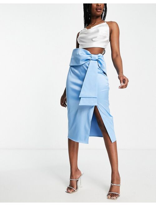 ASOS DESIGN satin midi skirt with exaggerated bow in blue
