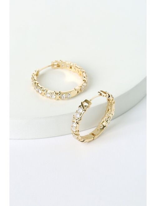 Lulus Xs and Ohs Gold Rhinestone Clicker Hoops