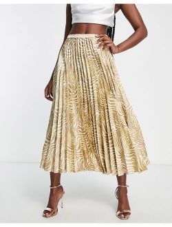 satin plisse ringpleated midi skirt in beige and white zebra print