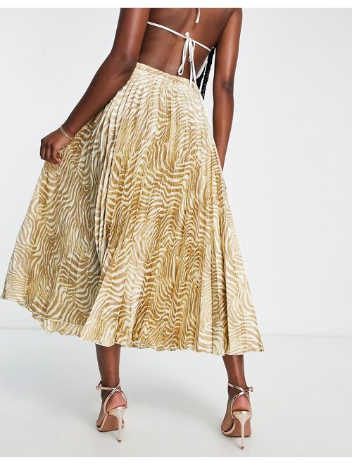 ASOS DESIGN satin plisse ringpleated midi skirt in beige and white zebra print