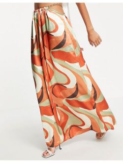 satin midaxi skirt with chain detail in swirl print