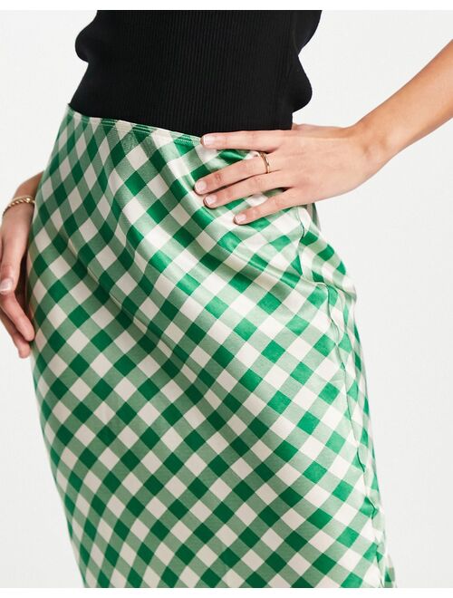 Topshop gingham satin bias midi skirt in green