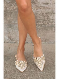 Flora Ivory Satin Pearl Embroidered Pointed-Toe Flats