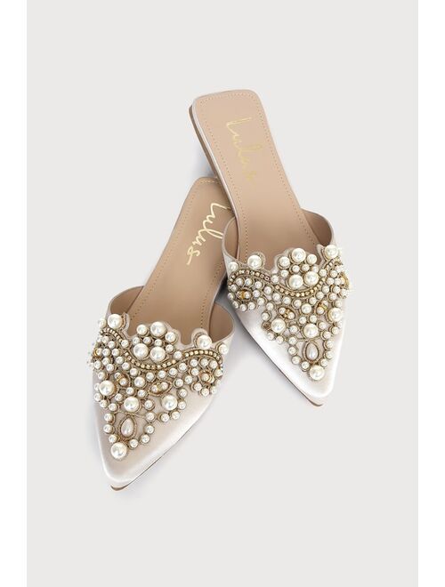 Lulus Flora Ivory Satin Pearl Embroidered Pointed-Toe Flats