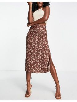 Motel midi grunge skirt in brown floral with thigh split
