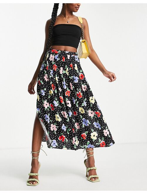Nobody's Child pleated midi skirt with slit in polka dot floral