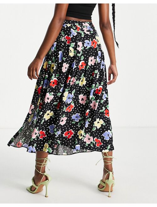 Nobody's Child pleated midi skirt with slit in polka dot floral
