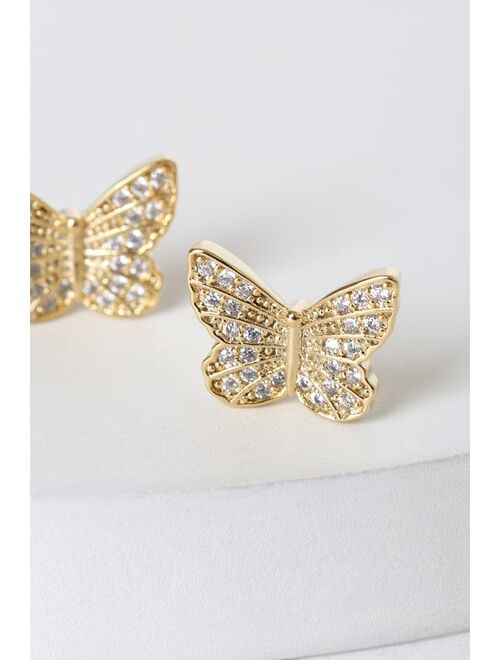 Lulus Always Fly High Gold Rhinestone Butterfly Stud Earrings