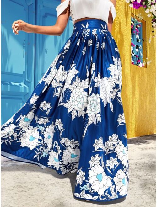 Shein High Waist Floral Print Pleated Skirt