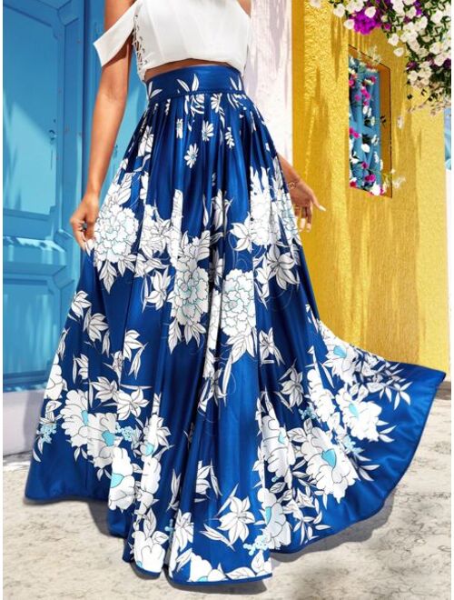 Shein High Waist Floral Print Pleated Skirt
