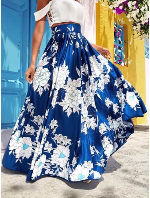 Shein High Waist Floral Print Pleated Skirt