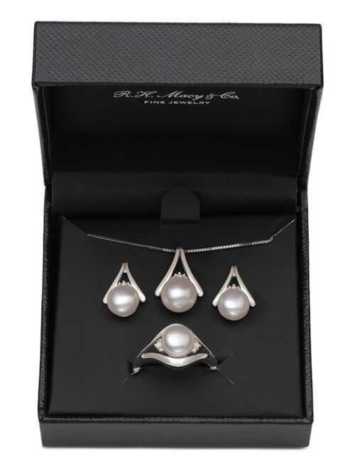 Belle de Mer 3-Pc. Set Cultured Freshwater Pearl (7 & 8mm) Pendant Necklace, Stud Earrings & Ring in Sterling Silver