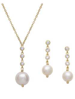 Macy's 2-Pc. Set Cultured Freshwater Pearl (6 & 10mm) & Cubic Zirconia Bezel Pendant Necklace & Matching Drop Earrings in 18k Gold-Plated Sterling Silver