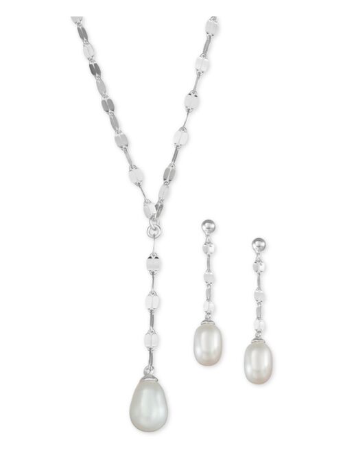 Macy's 2-Pc. Set Cultured Freshwater Pearl (7 x 9mm) Lariat Necklace & Drop Earrings in Sterling Silver