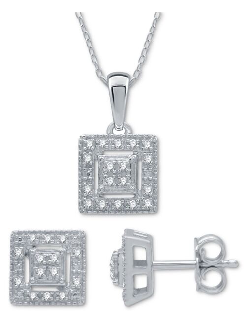 Macy's 2-Pc. Set Diamond (1/6 ct. t.w.) Square Cluster Pendant Necklace & Matching Stud Earrings in Sterling Silver