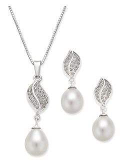 Macy's Cultured Freshwater Pearl (7x9mm) and Cubic Zirconia Pendant Necklace and Matching Drop Earrings Set in Sterling Silver