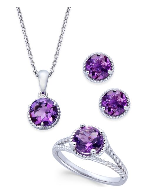 Macy's Amethyst Rope-Style Pendant Necklace, Stud Earrings and Ring Set (4 ct. t.w.) in Sterling Silver