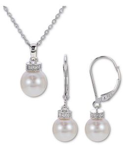 Macy's 2-Pc. Set Cultured Freshwater Pearl (7-1/2-8-1/2mm) & White Topaz (1/10 ct. t.w.) Pendant Necklace and Matching Drop Earrings in Sterling Silver