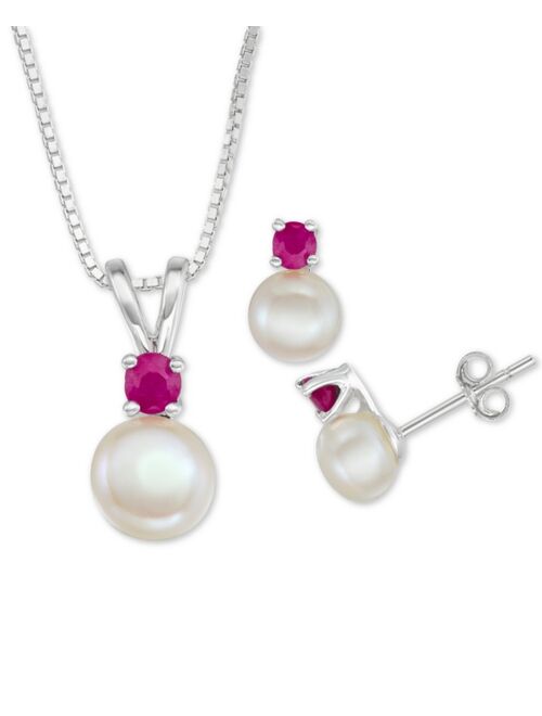 Macy's Cultured Freshwater Pearl (6mm-7mm) & Ruby (1/2 ct. t.w.) 18" Pendant Necklace & Stud Earrings Set in Sterling Silver