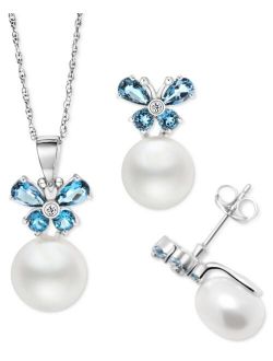 Macy's 2-Pc. Set Cultured Freshwater Pearl (10mm), London Blue Topaz (2-1/2 ct. t.w.) & White Zircon (1/20 ct. t.w.) Pendant Necklace & Matching Stud Earrings in Sterling