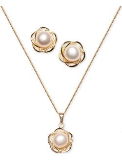 Macy's 2-Pc. Set Cultured Freshwater Pearl (7mm) Flower Pendant Necklace & Matching Stud Earrings in 18k Gold-Plated Sterling Silver or Sterling Silver