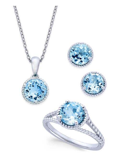 Macy's Blue Topaz Rope-Style Pendant Necklace, Stud Earrings and Ring Set (5 ct. t.w.) in Sterling Silver