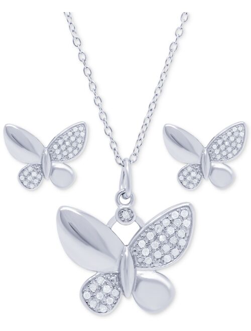 Macy's 2-Pc. Set Diamond Butterfly Pendant Necklace & Matching Stud Earrings (1/4 ct. t.w.) in Sterling Silver