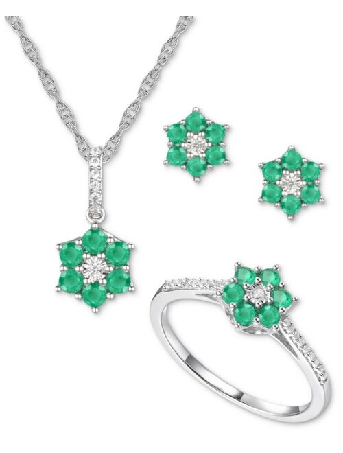 Macy's 3-Pc. Set Emerald (1 ct. t.w.) & Diamond (1/8 ct. t.w.) Pendant Necklace, Stud Earrings and Cluster Ring in Sterling Silver